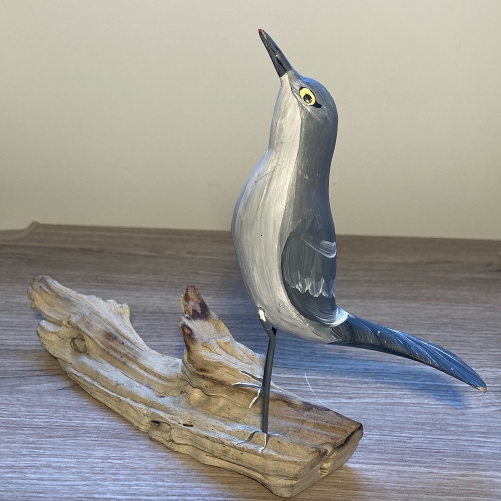 Sculpture cat Bird Figurine on Driftwood hand painted